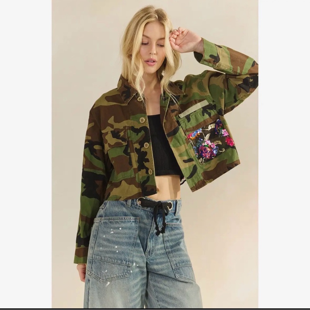 Camo denim cotton sequin Jean floral flower mineral bohemian wash coat jacket - Picture 4 of 9